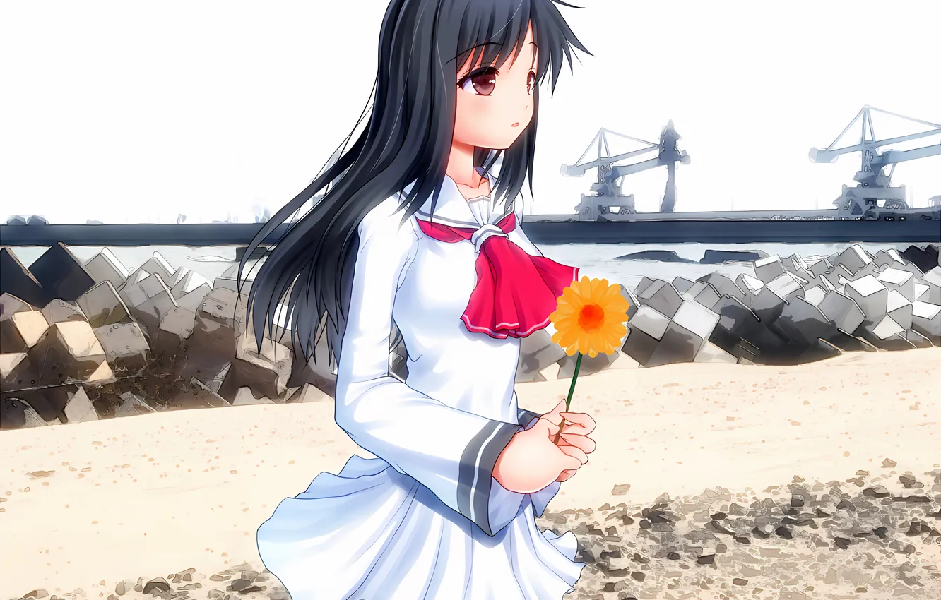 Photo wallpaper girl, beach, flower, long hair, dress, sea, anime, beautiful