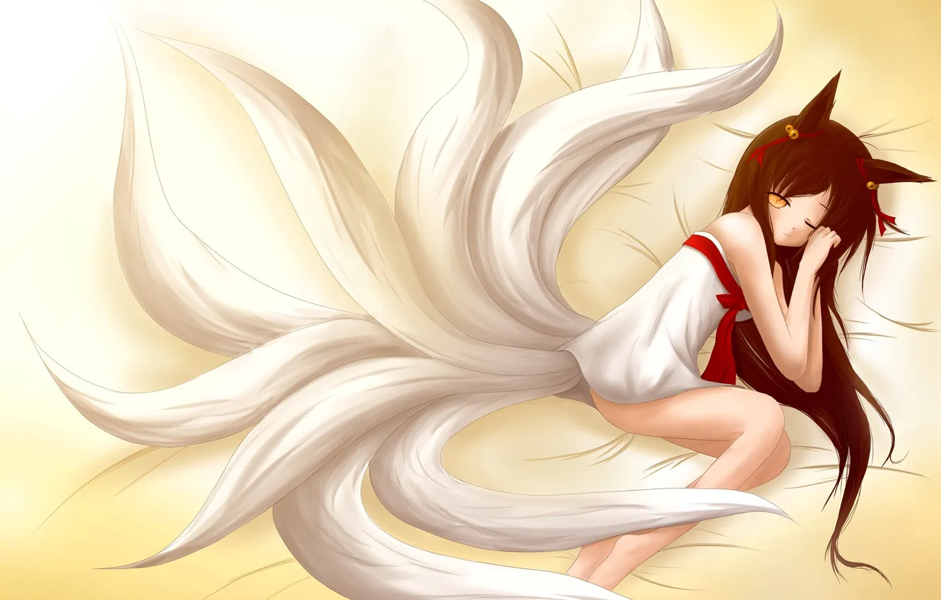 Photo wallpaper look, girl, sleep, tail, bed, lies, ears, art