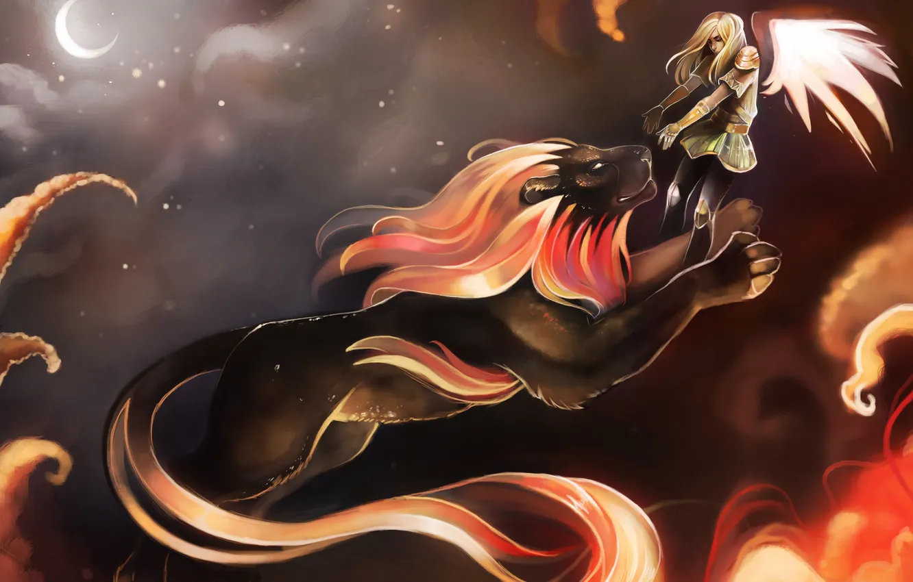 Photo wallpaper girl, fantasy, the moon, wings, predator, a month, Leo, art