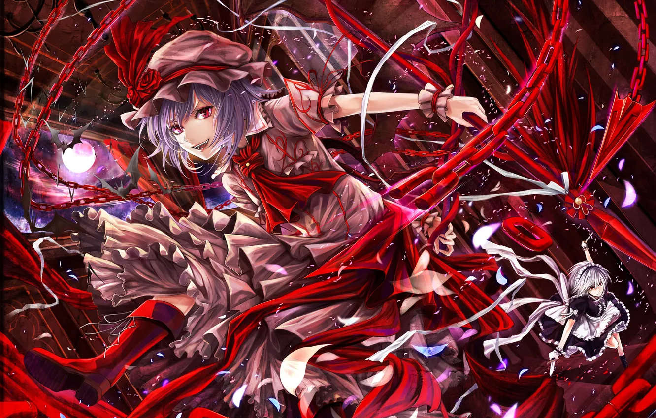 Photo wallpaper look, girl, smile, weapons, magic, the demon, chain, touhou