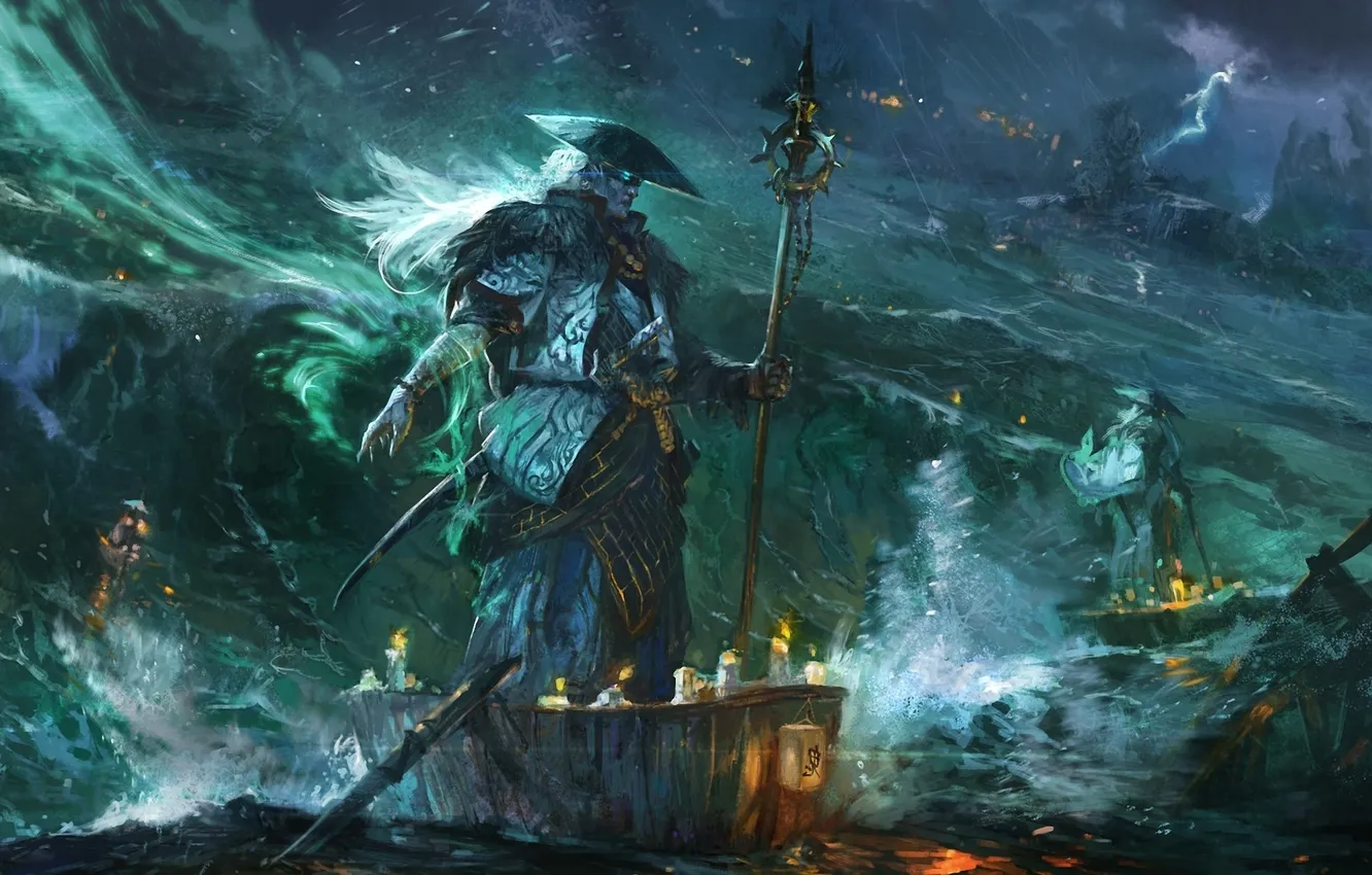 Photo wallpaper sea, storm, lightning, boat, spirit, hat, candles, art