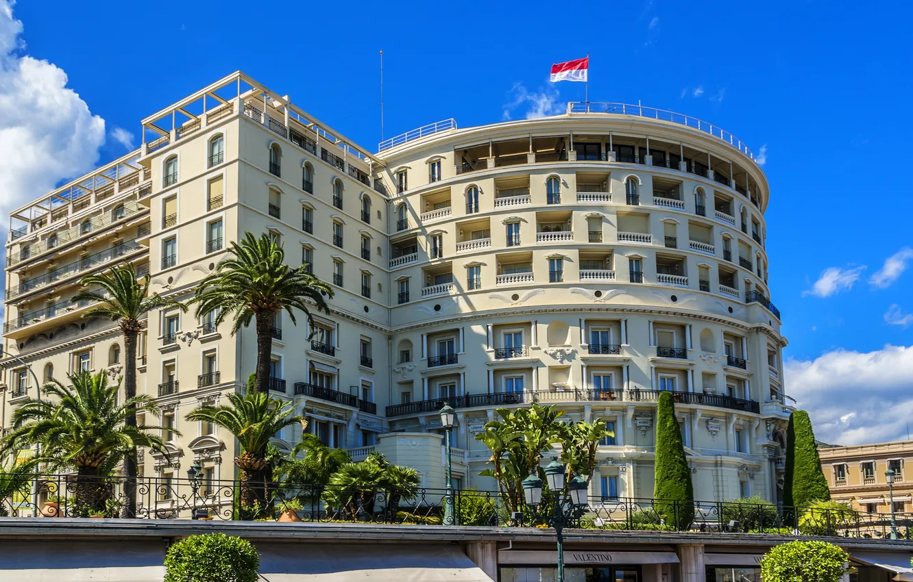 Photo wallpaper house, palm trees, the building, flag, Monaco, Monte Carlo