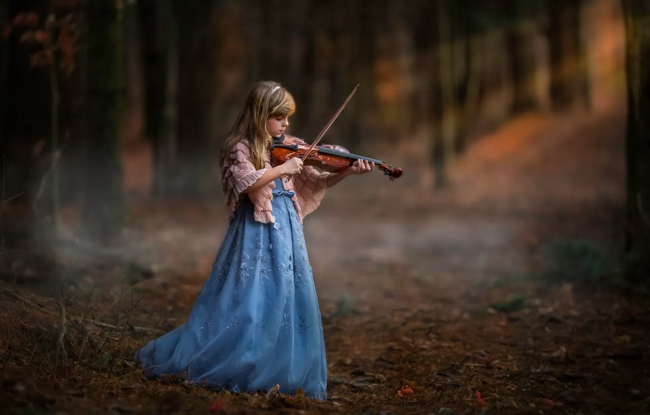 Photo wallpaper forest, violin, girl