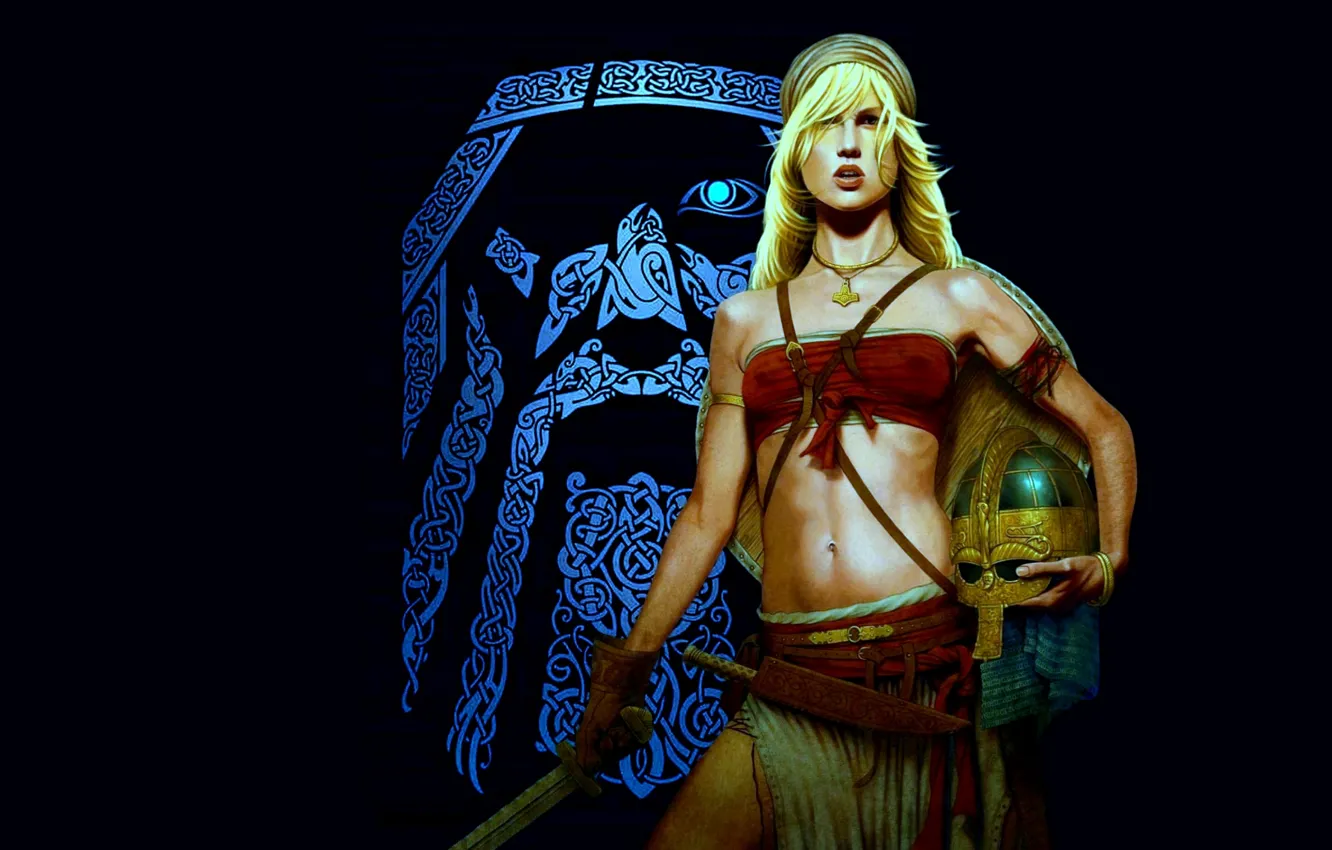 Photo wallpaper girl, pattern, one, sword, blonde, helmet, sword, warrior