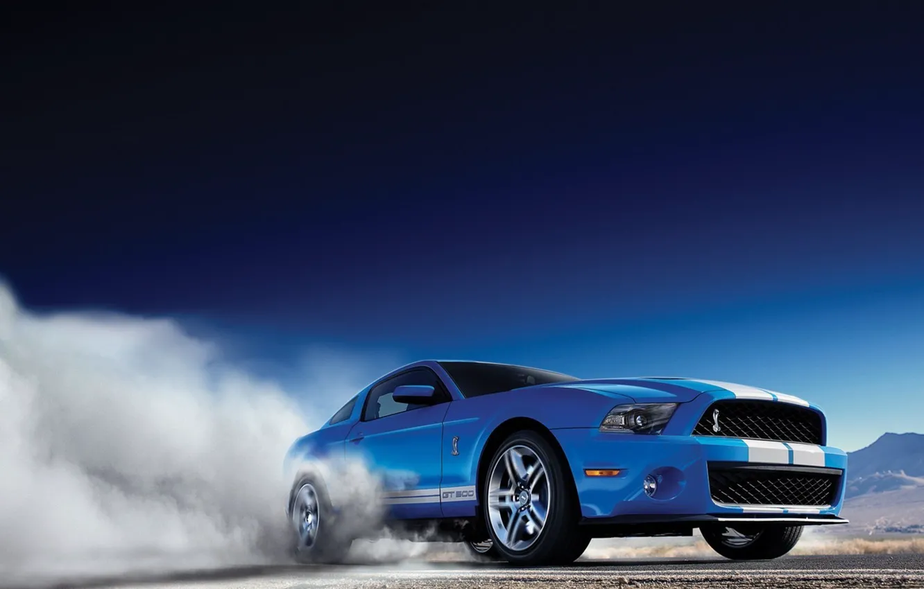 Photo wallpaper road, machine, blue, strip, lights, smoke, Mustang, Ford