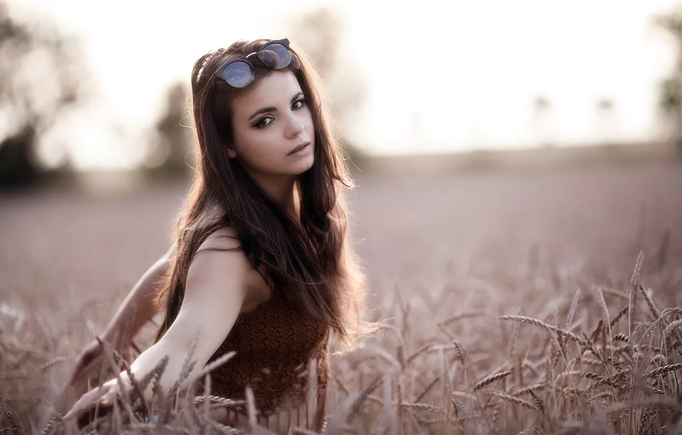 Photo wallpaper girl, grass, sunset, eyes, Sight