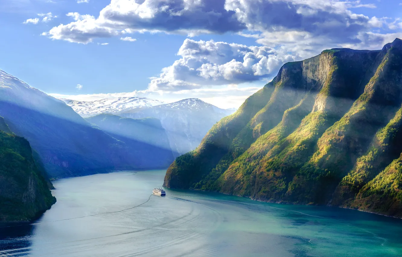 Photo wallpaper the sky, clouds, rays, light, mountains, fog, rocks, height