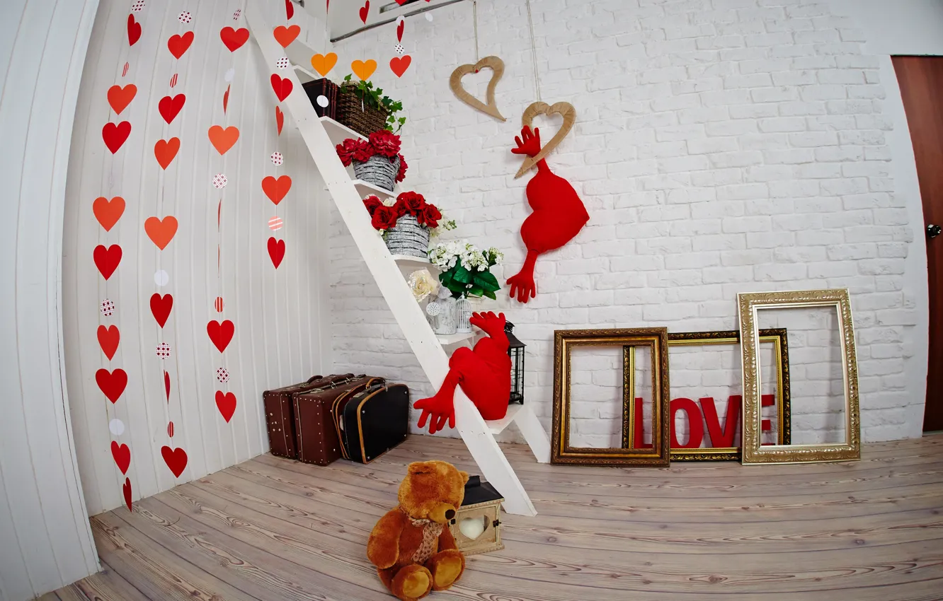 Photo wallpaper love, holiday, heart, interior, bear, ladder, Valentine's day, frame