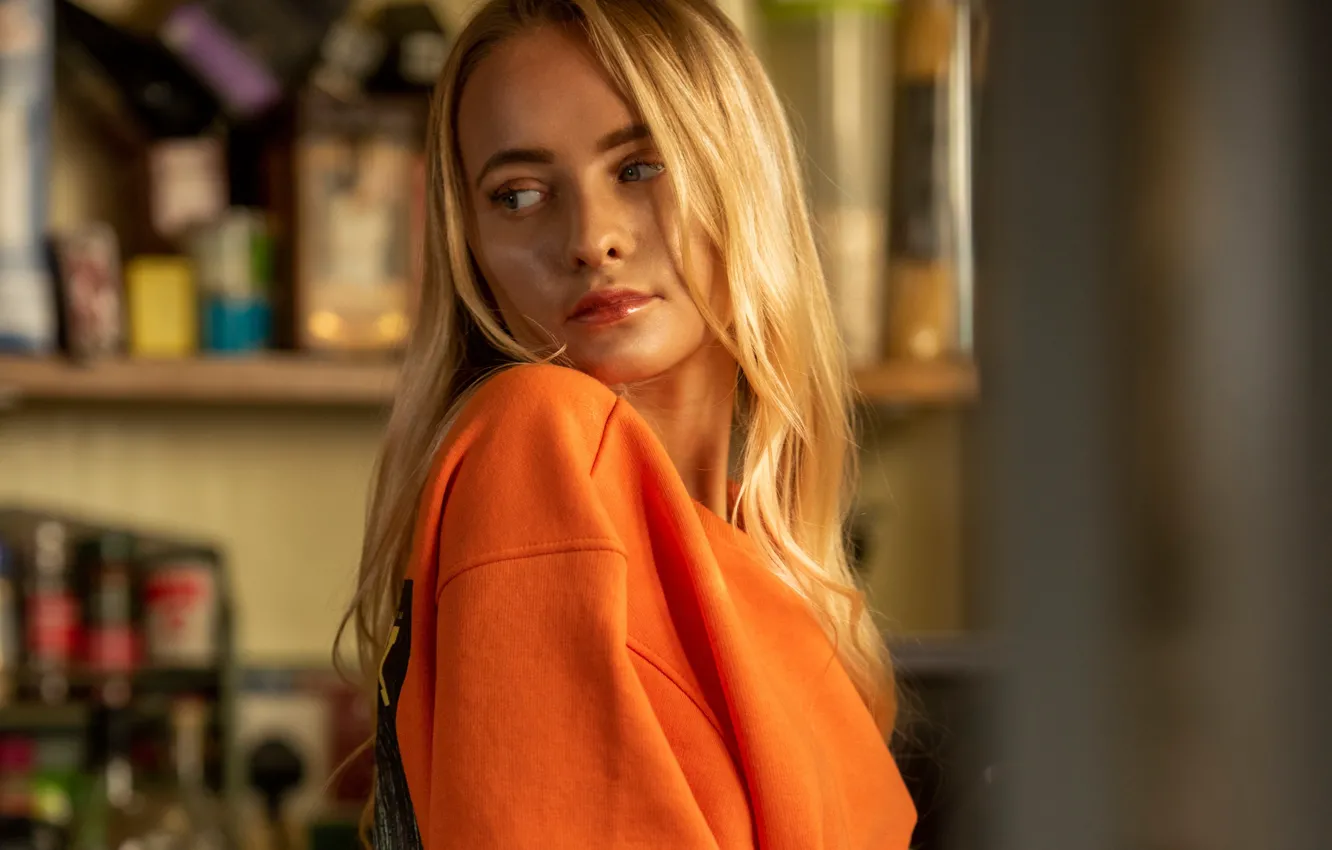 Photo wallpaper pose, model, portrait, makeup, hairstyle, blonde, jacket, bokeh