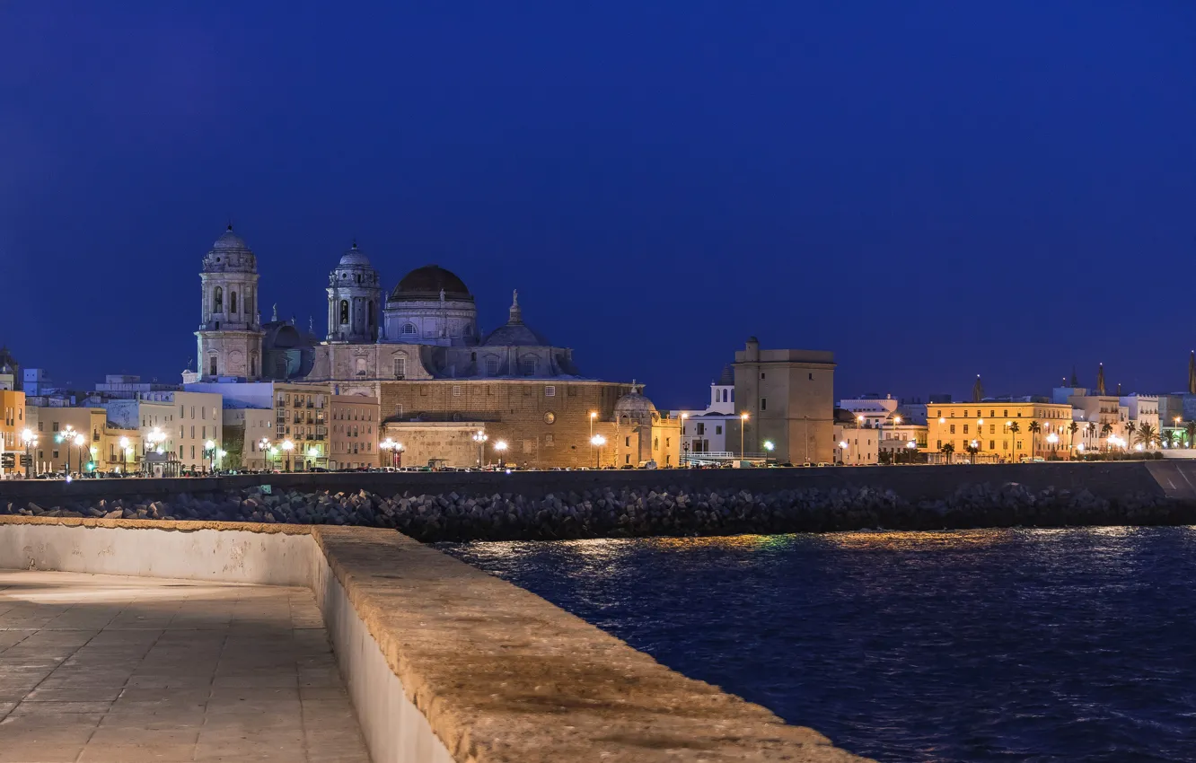 Photo wallpaper night, lights, home, Cathedral, Spain, promenade, Cadiz