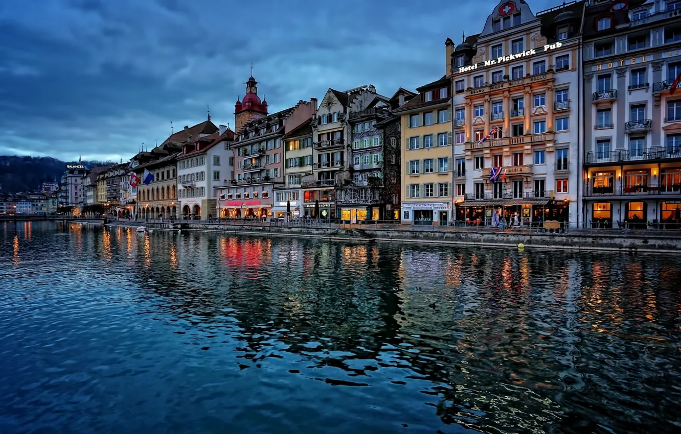 Photo wallpaper building, Switzerland, promenade, Switzerland, Lucerne, Lucerne, the Reuss river, Reuss River