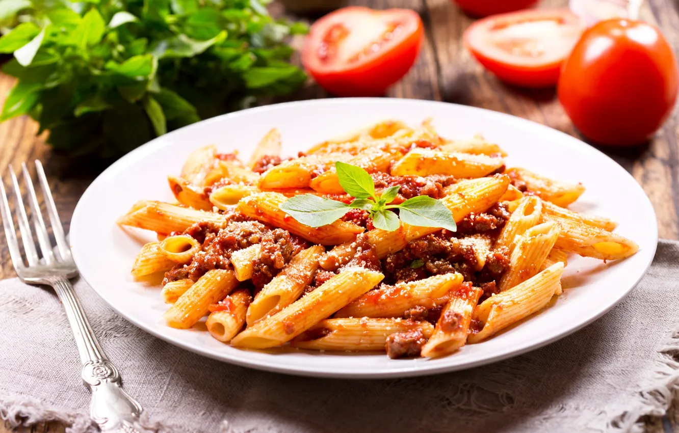 Photo wallpaper meat, tomatoes, pasta