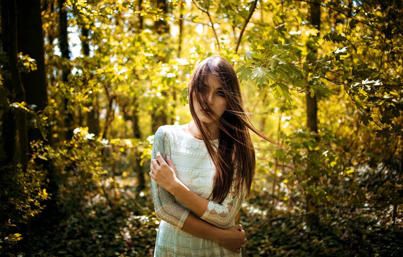 Photo wallpaper the sun, trees, pose, Park, model, portrait, makeup, dress