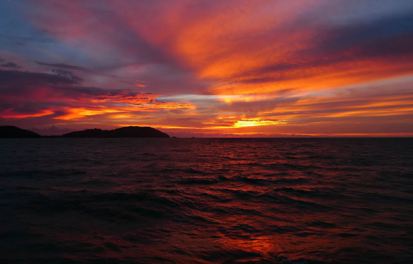 Photo wallpaper sea, the sky, the sun, clouds, sunset, red, clouds, horizon