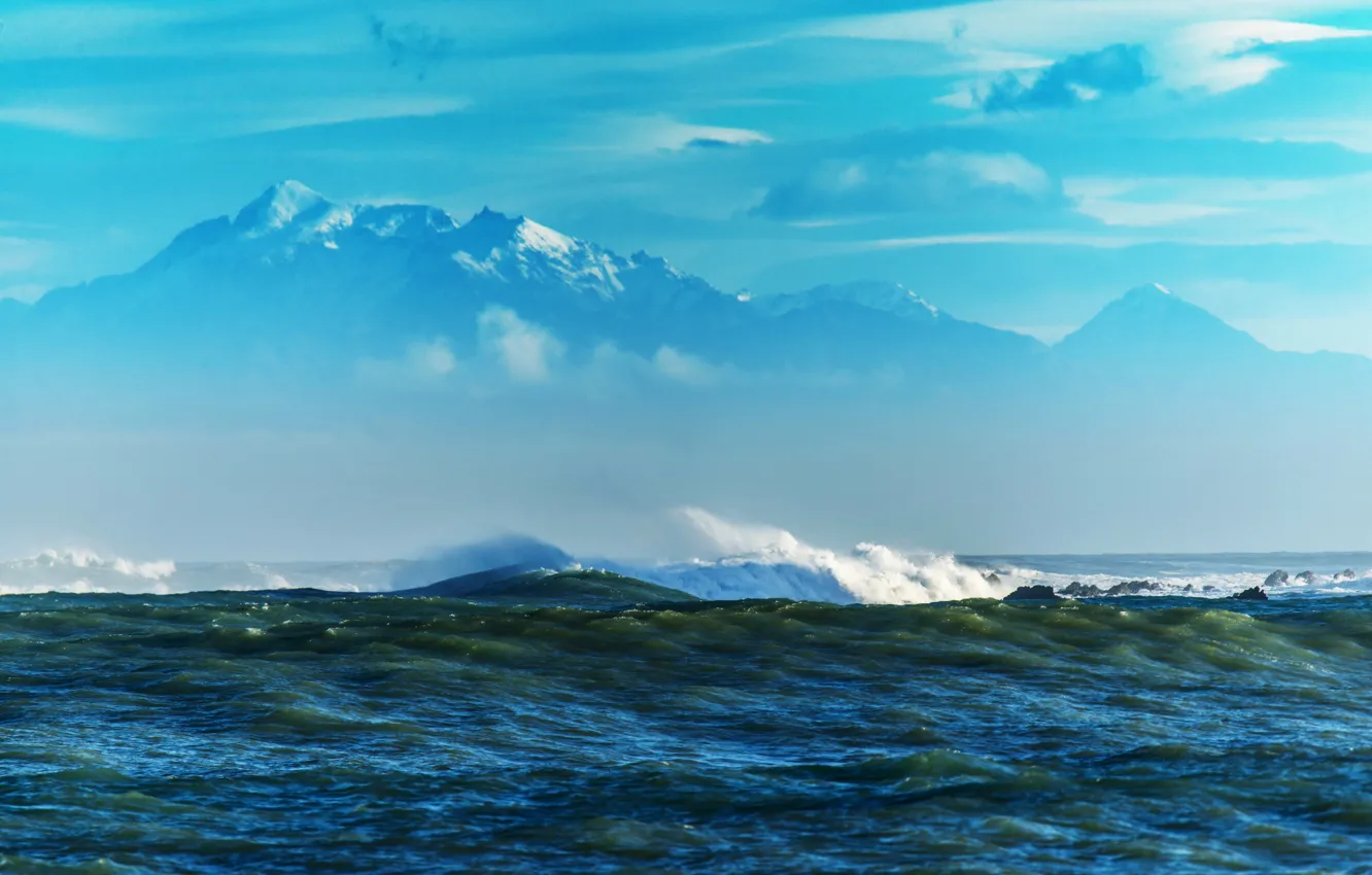 Photo wallpaper sea, wave, mountains, stones, coast, reefs