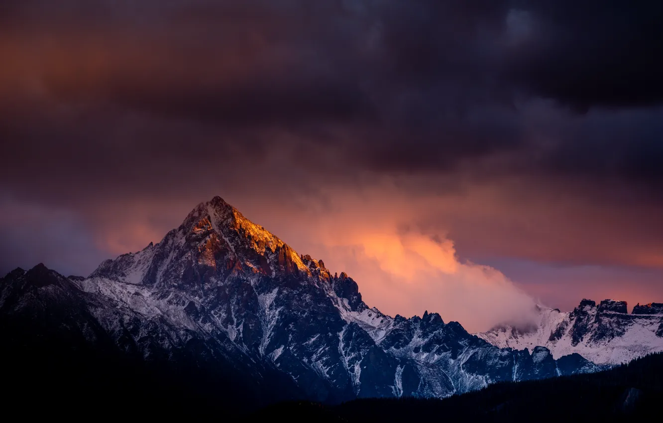 Photo wallpaper winter, the sky, snow, sunset, mountains, clouds, nature, rocks