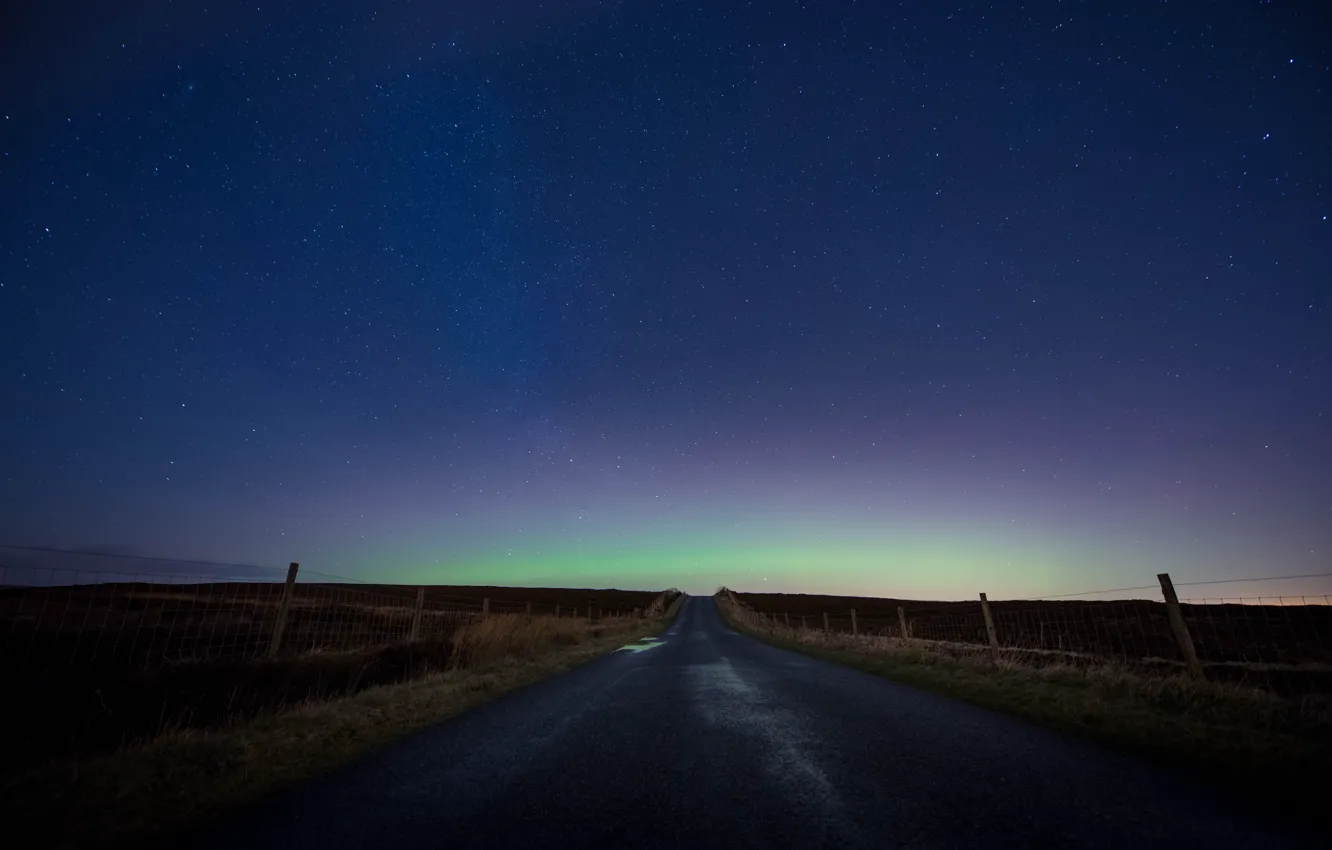 Photo wallpaper road, countryside, northern lights, Aurora Borealis