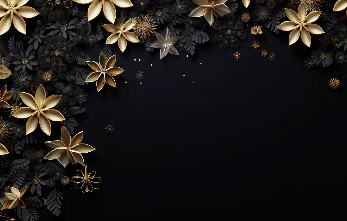 Photo wallpaper snowflakes, background, gold, black, New Year, Christmas, golden, black