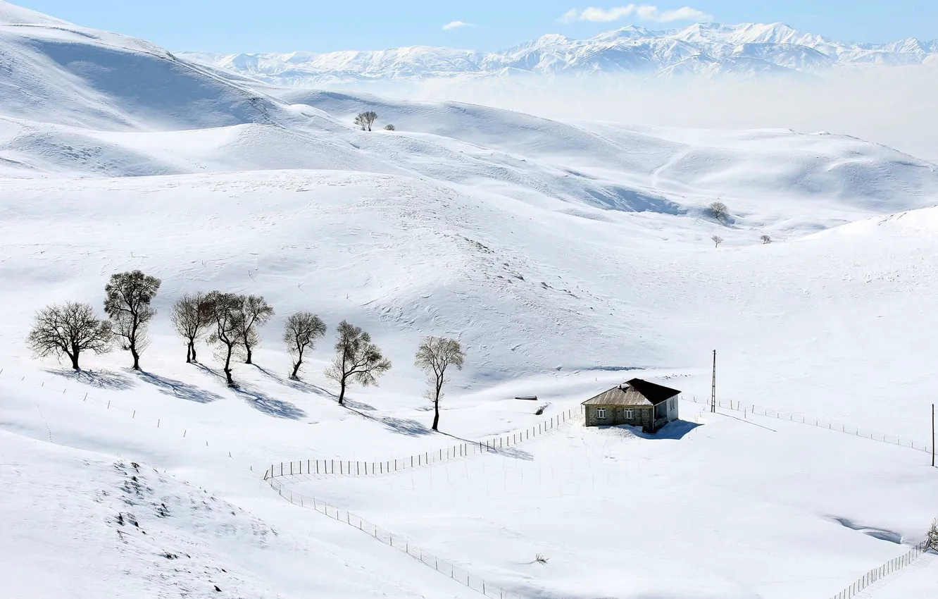 Photo wallpaper house, winter, snow, hills