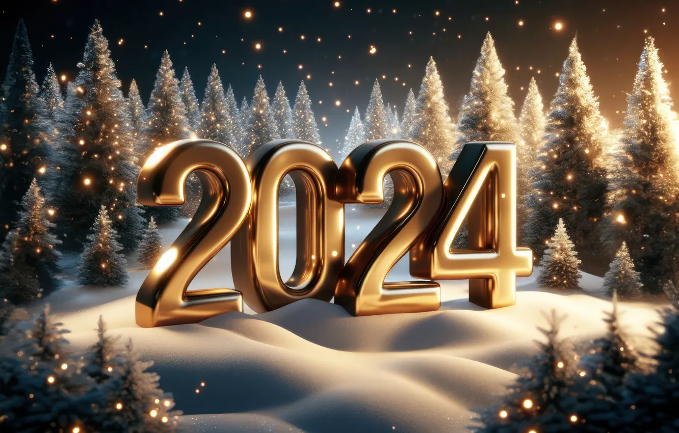 Photo wallpaper new year, figures, golden, winter, snow, New Year, decoration, numbers