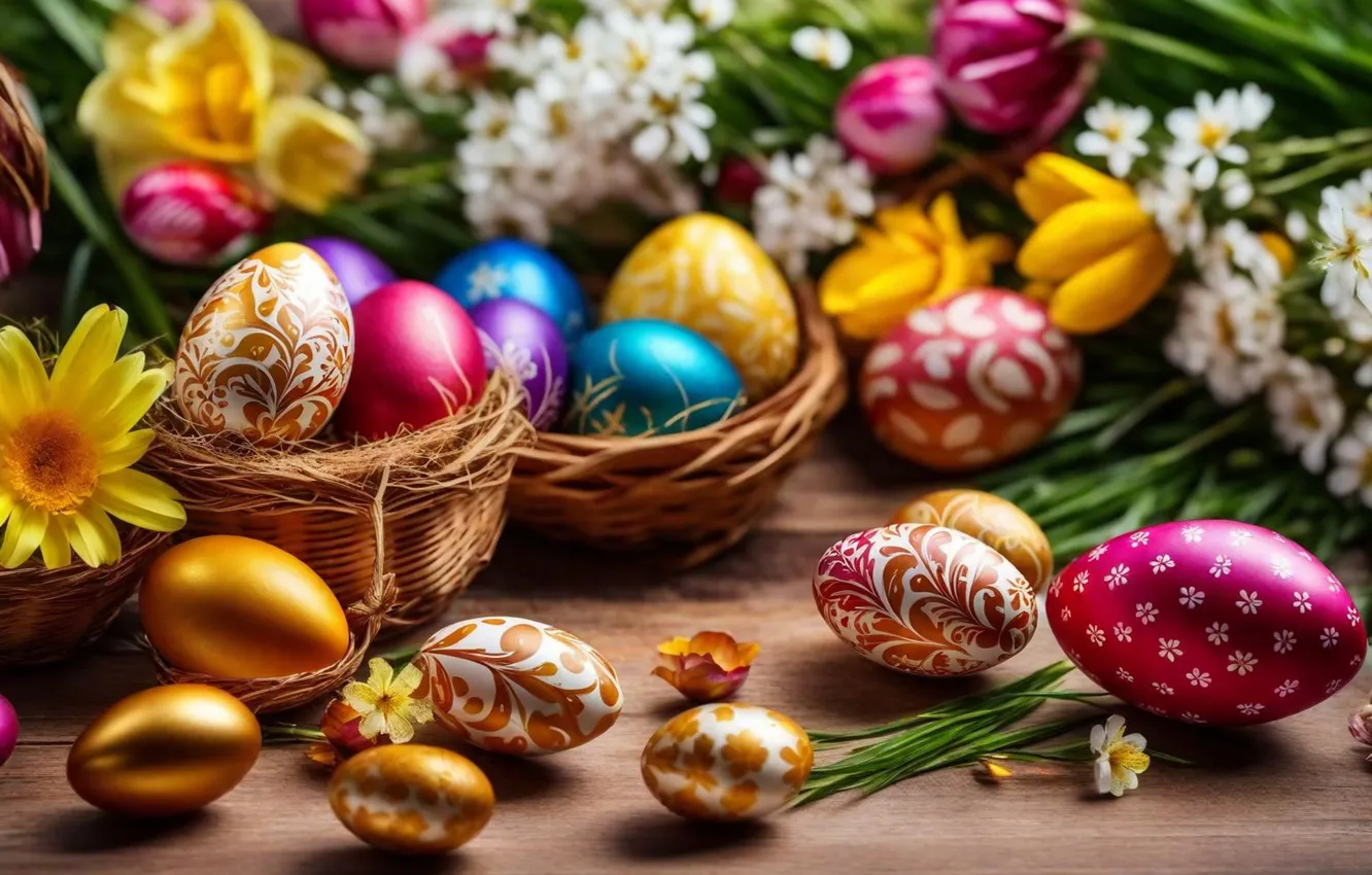 Photo wallpaper flowers, eggs, spring, colorful, Easter, happy, flowers, spring