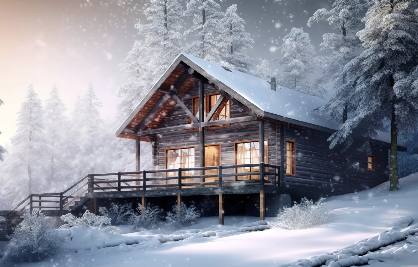 Photo wallpaper winter, forest, snow, night, frost, house, house, hut