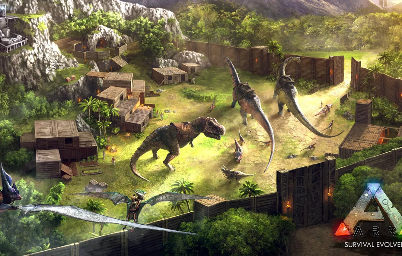 Photo wallpaper portal, forest, gate, spear, blades, arms, ARK Survival Evolved, dinosaurs