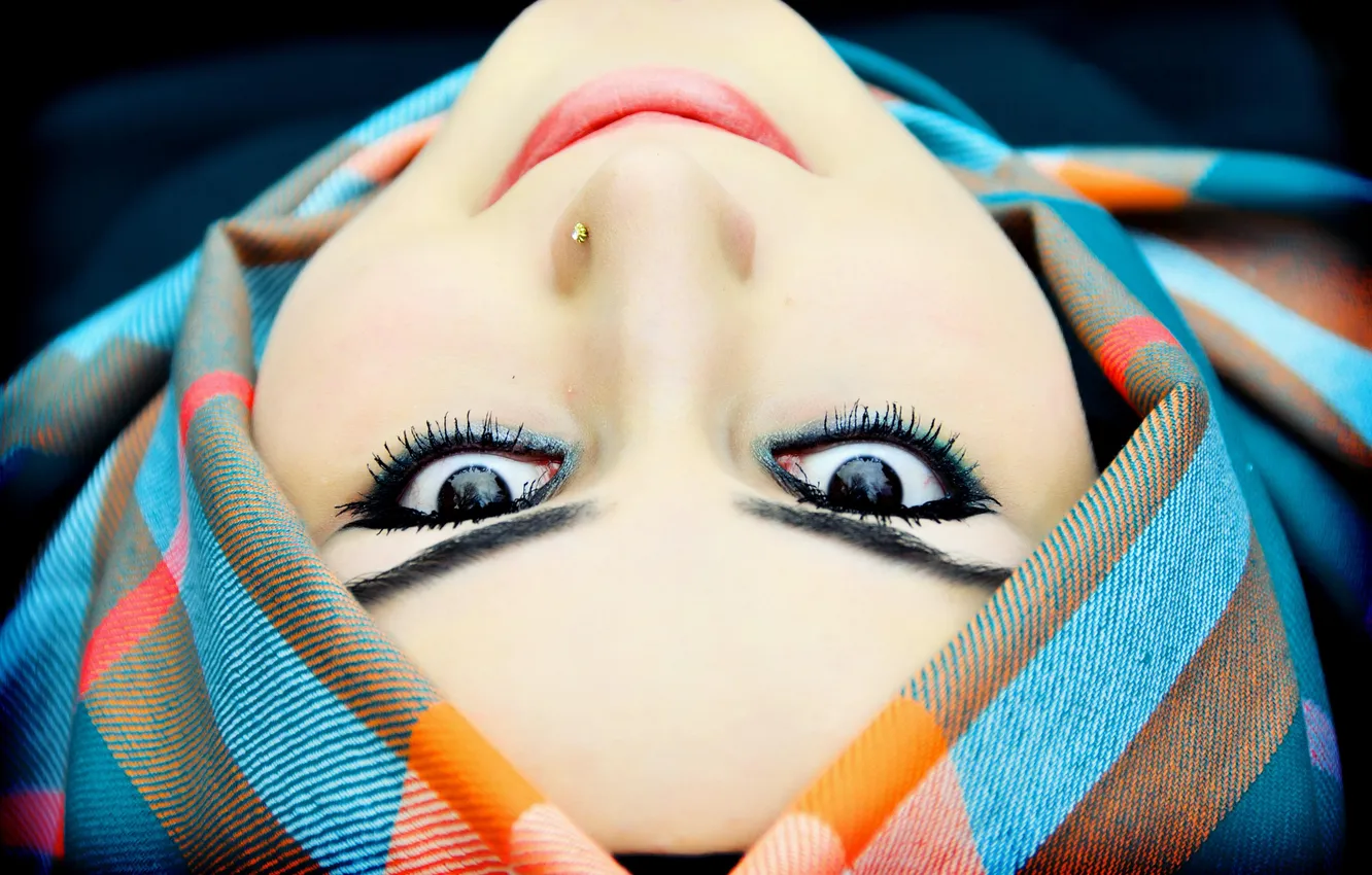 Photo wallpaper girl, face, eyelashes, makeup, piercing, shawl, brown eyes, closeup