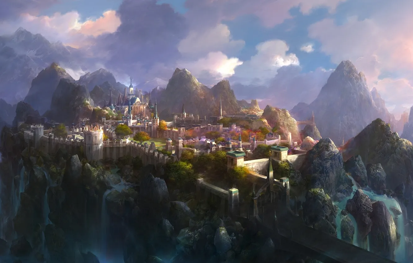 Photo wallpaper water, clouds, landscape, mountains, bridge, the city, castle, rocks