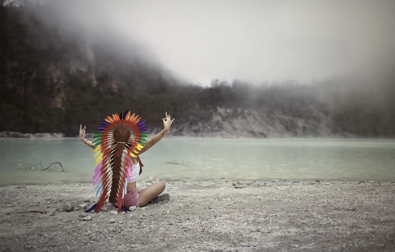 Photo wallpaper pose, stones, feathers, sitting, Indian