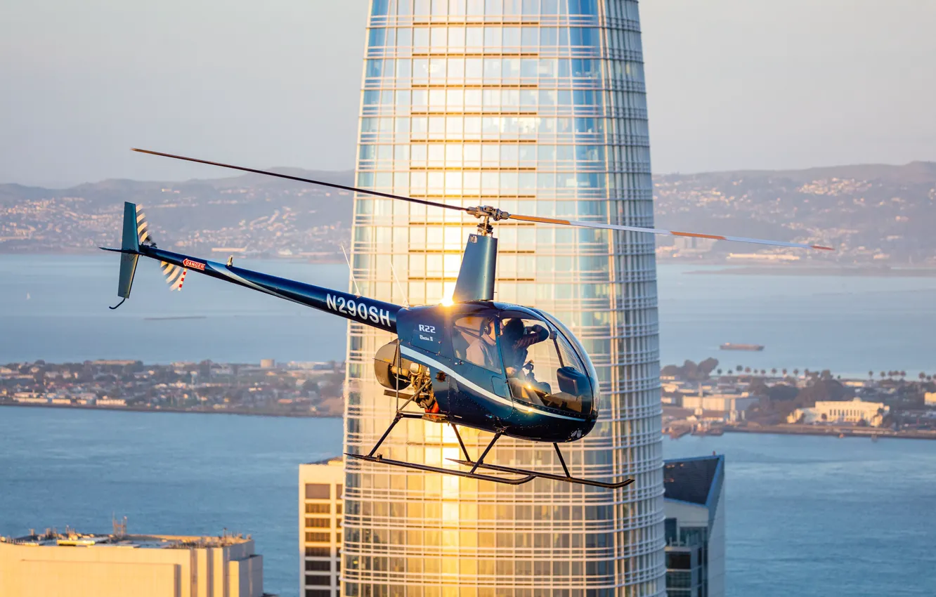 Photo wallpaper the building, helicopter, skyscraper, Bell 206L3 Long Ranger