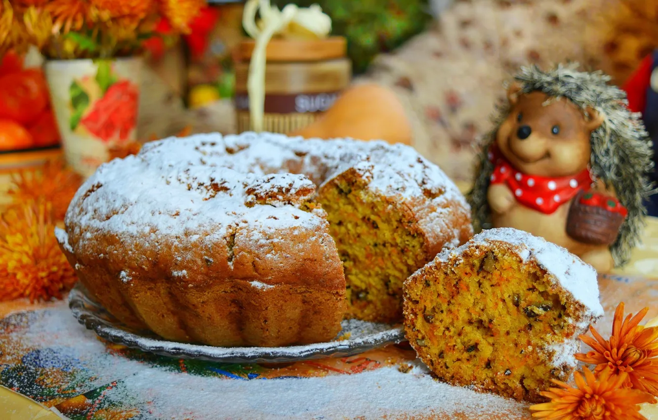 Photo wallpaper pie, flowers, cake, hedgehog