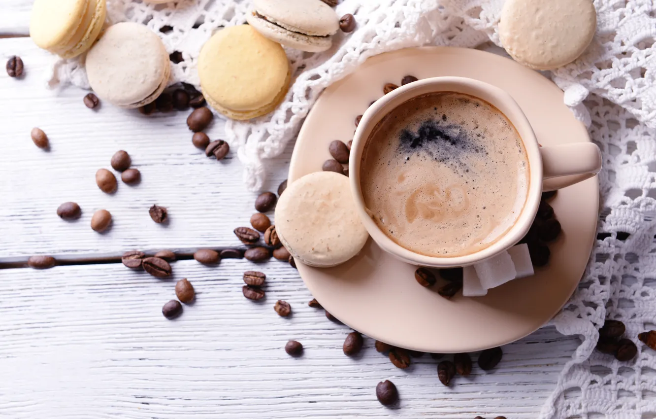 Photo wallpaper coffee, Cup, cake, cup, beans, coffee, macaroon