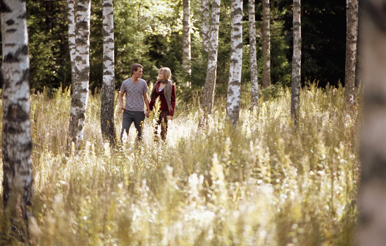 Photo wallpaper forest, girl, love, walk, forest, two, birch, boy