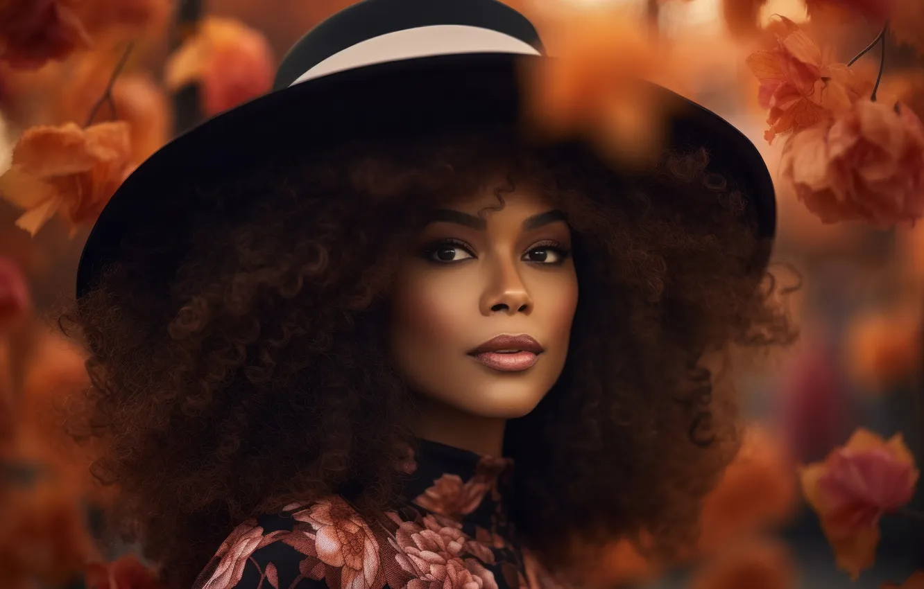 Photo wallpaper look, girl, flowers, branches, nature, face, portrait, hat