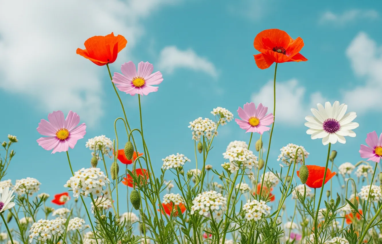 Photo wallpaper summer, the sky, clouds, flowers, Wallpaper, art, wallpaper, summer