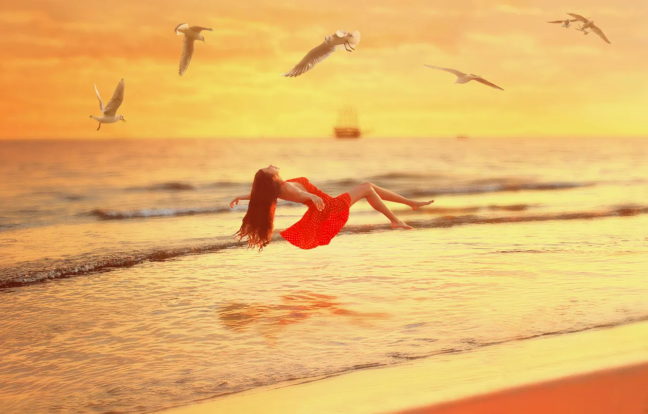 Photo wallpaper red, girl, dress, sea, sunset, Over, Livetation