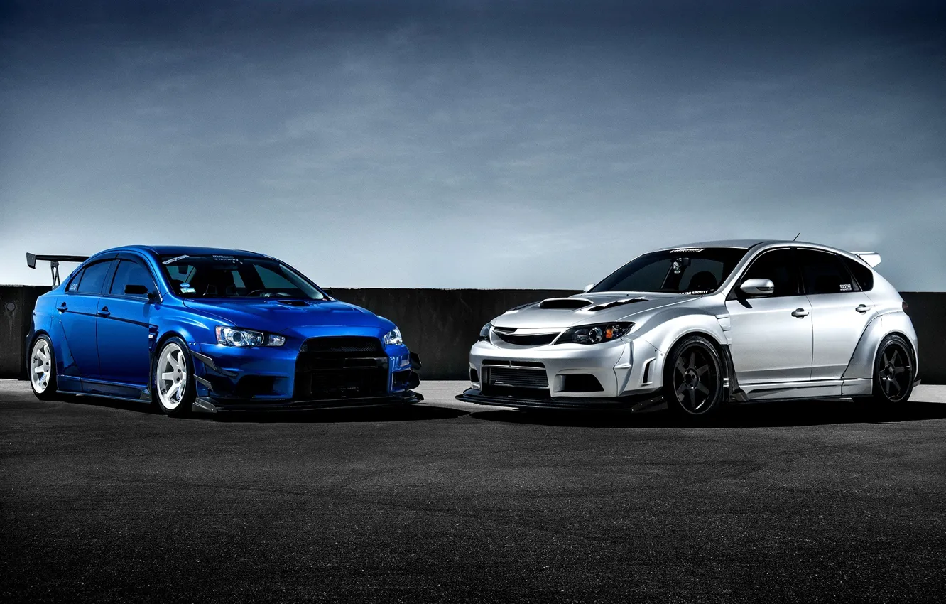 Photo wallpaper Subaru, Impreza, Mitsubishi, Lancer, Evolution, blue, front, silvery