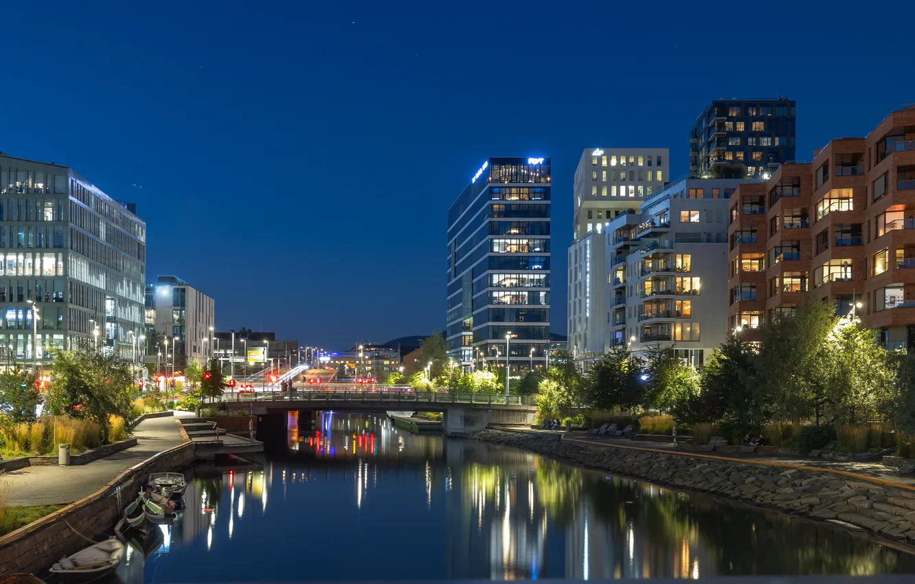 Photo wallpaper bridge, river, building, Norway, Oslo