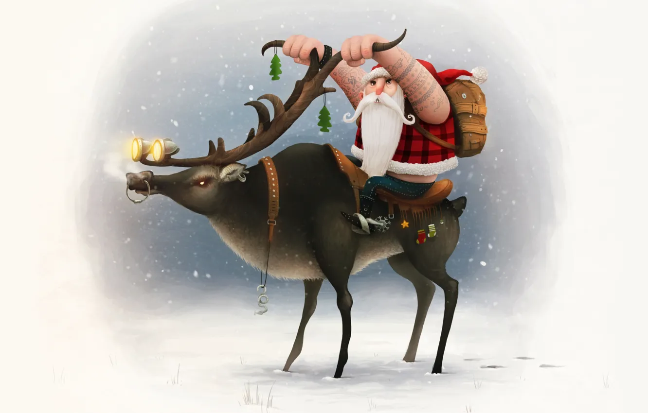 Photo wallpaper snow, background, deer, New year, horns, biker, Santa Claus, Happy New Year