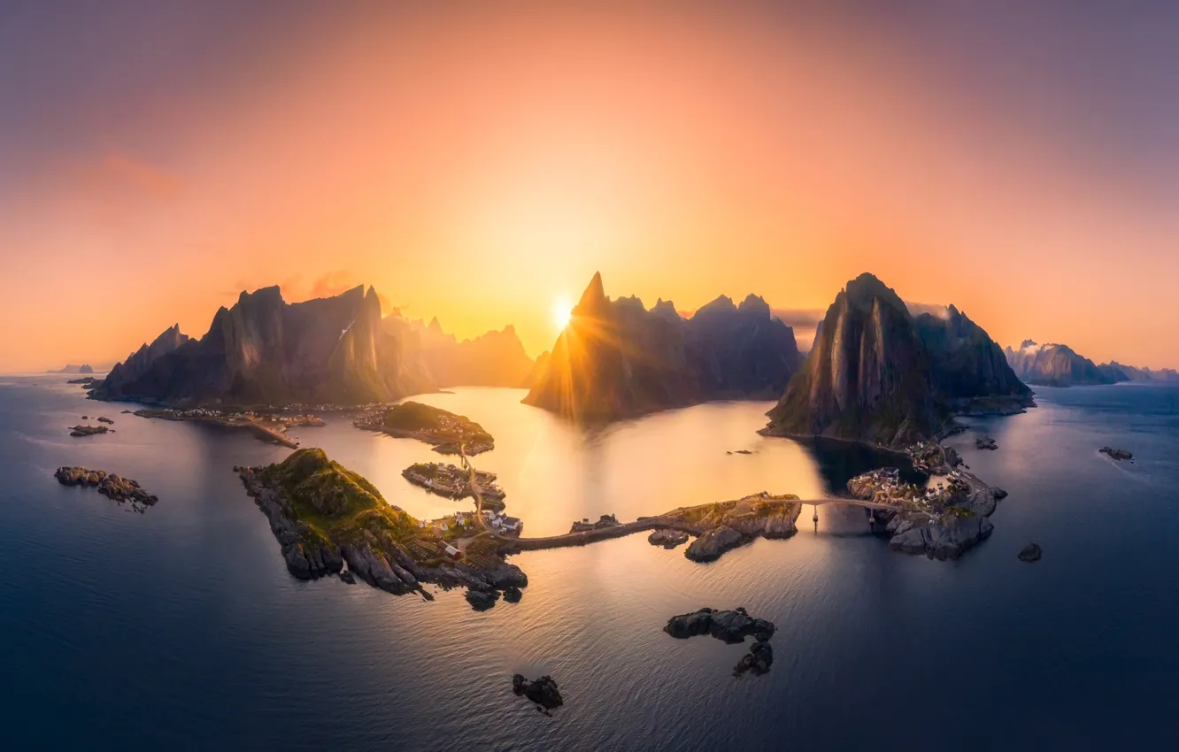 Photo wallpaper the sun, bridge, island, bridges, sun, islands, the village, villages