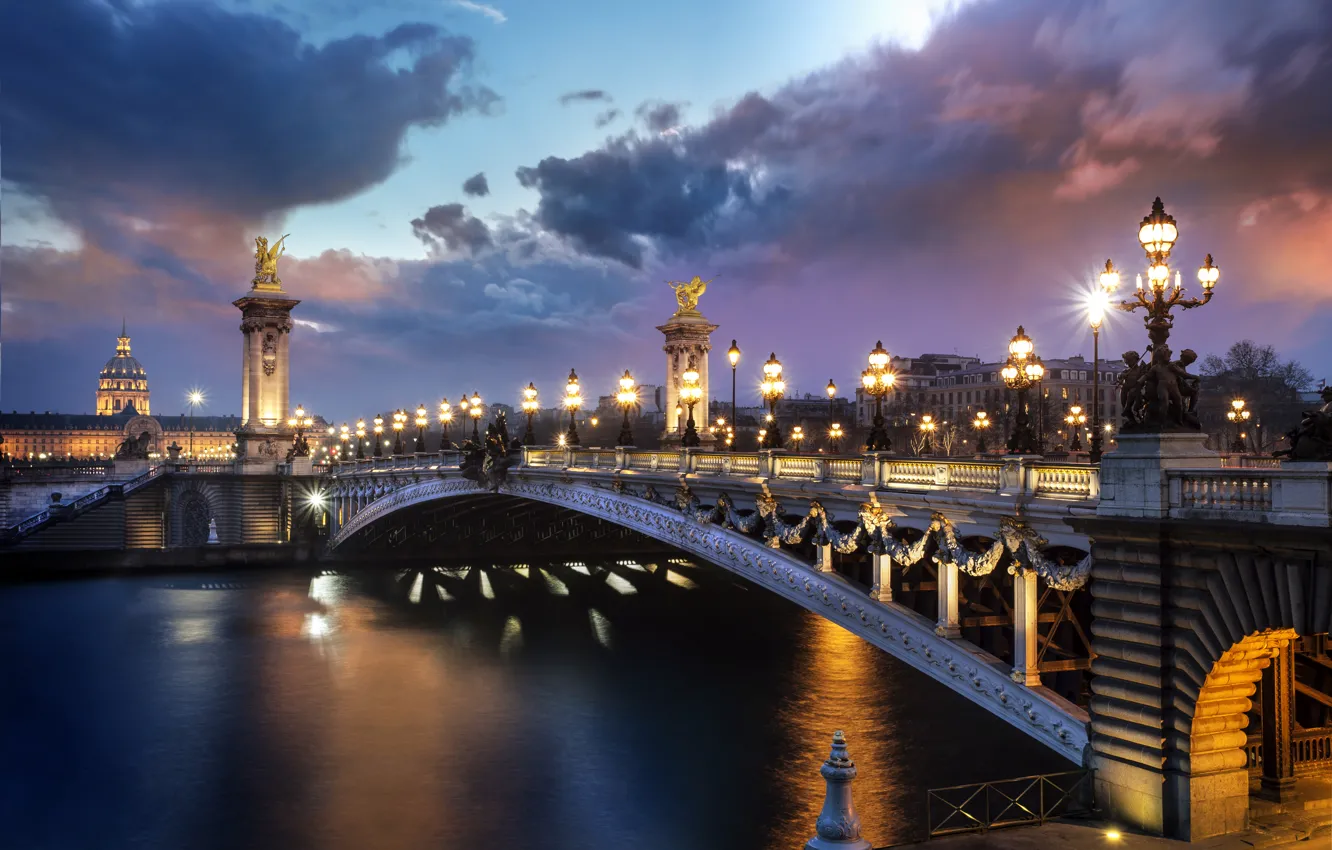 Photo wallpaper bridge, lights, river, France, Paris, the evening, lights