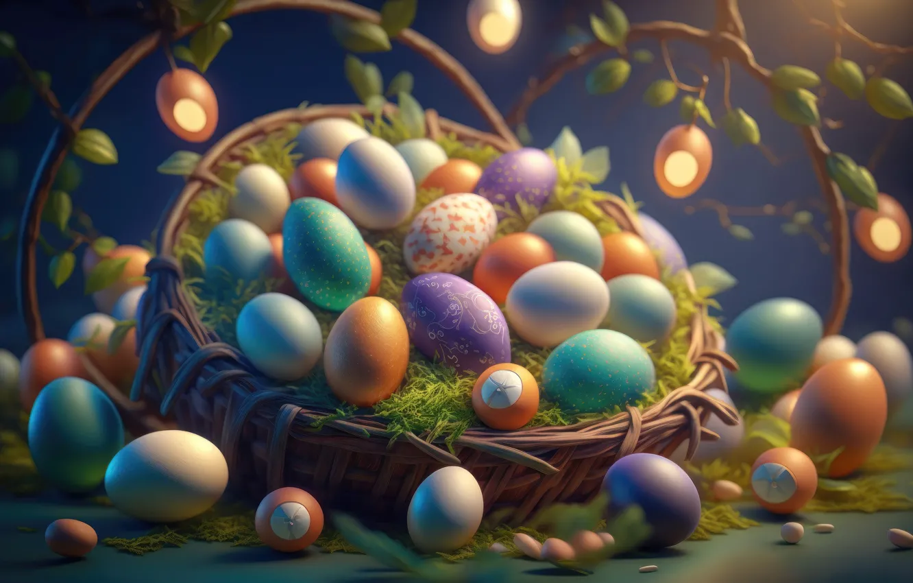 Photo wallpaper eggs, Easter, basket, colorful, eggs, neural network