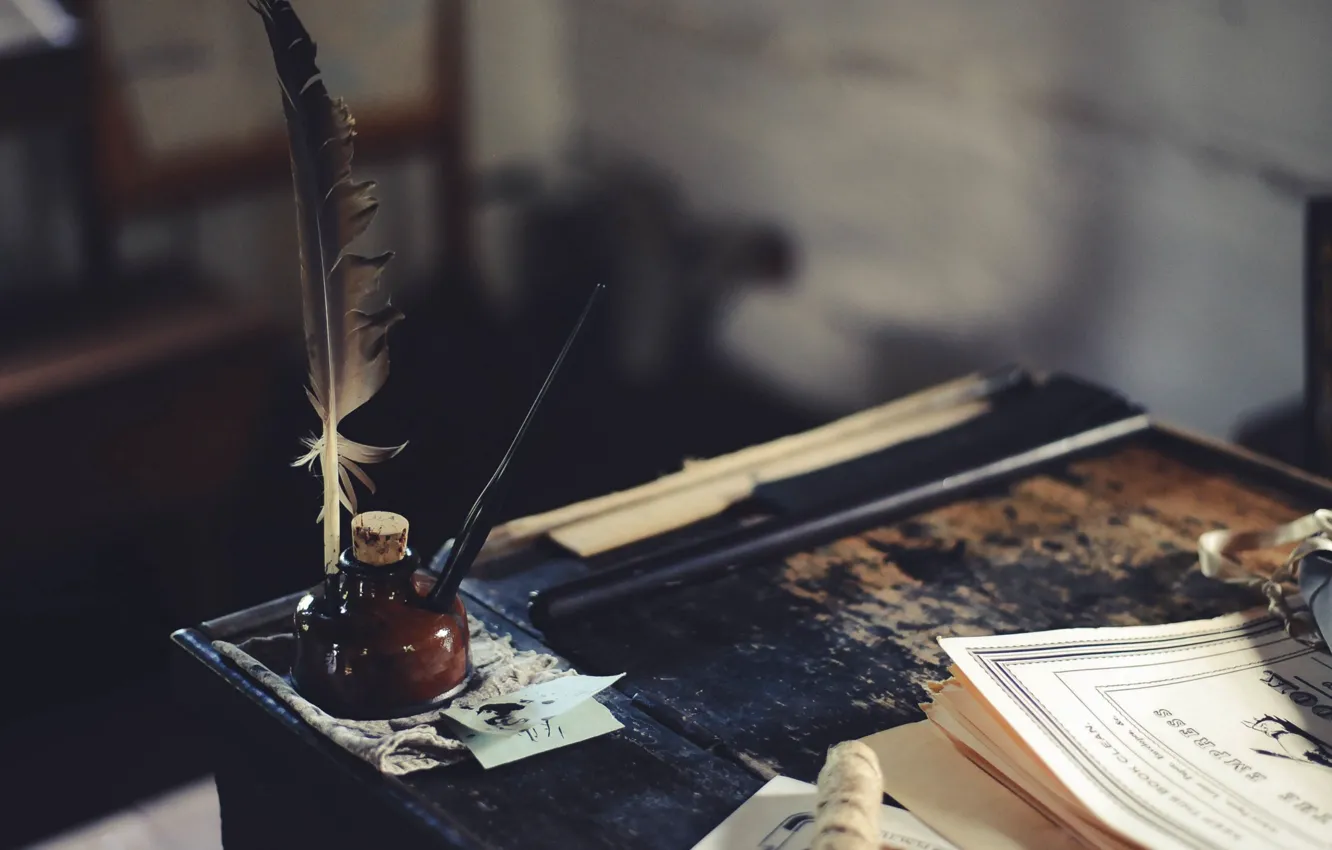 Photo wallpaper table, feathers, ink, ink