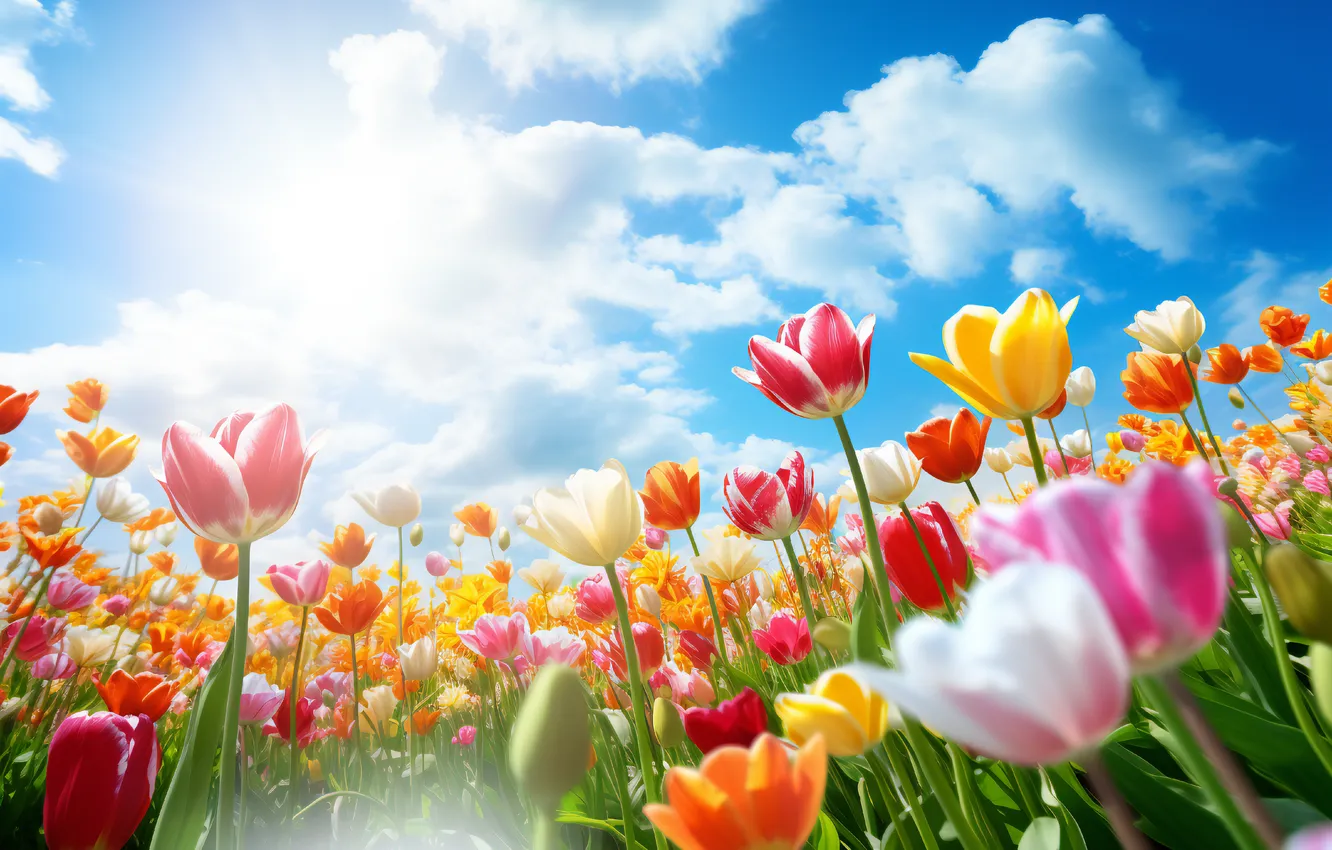 Photo wallpaper field, flowers, spring, colorful, tulips, sunshine, flowering, blossom