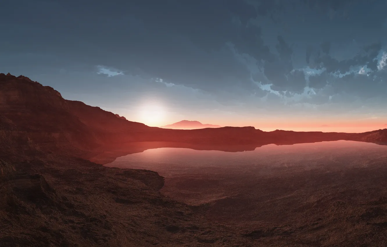 Photo wallpaper sunset, lake, desert