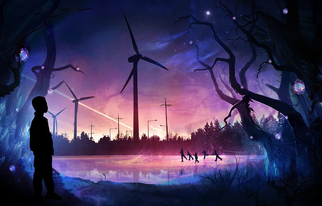 Photo wallpaper ice, winter, forest, trees, the evening, family, art, rink