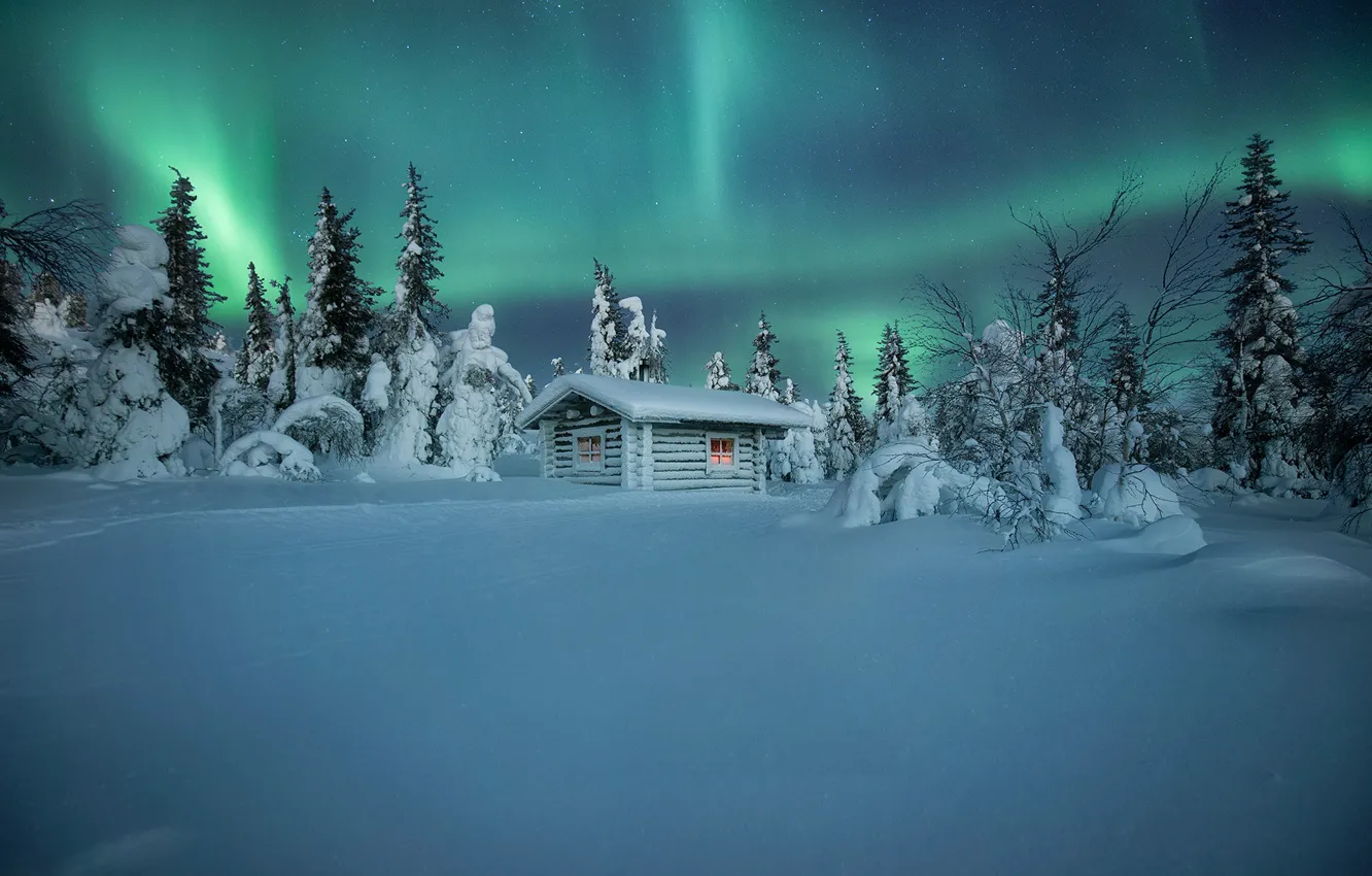Photo wallpaper winter, snow, trees, hut, Northern lights, the snow, hut, Finland