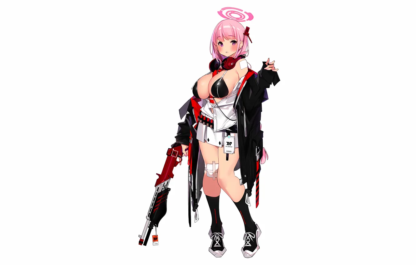 Photo wallpaper girl, gun, sexy, lingerie, bra, cleavage, pink hair, legs