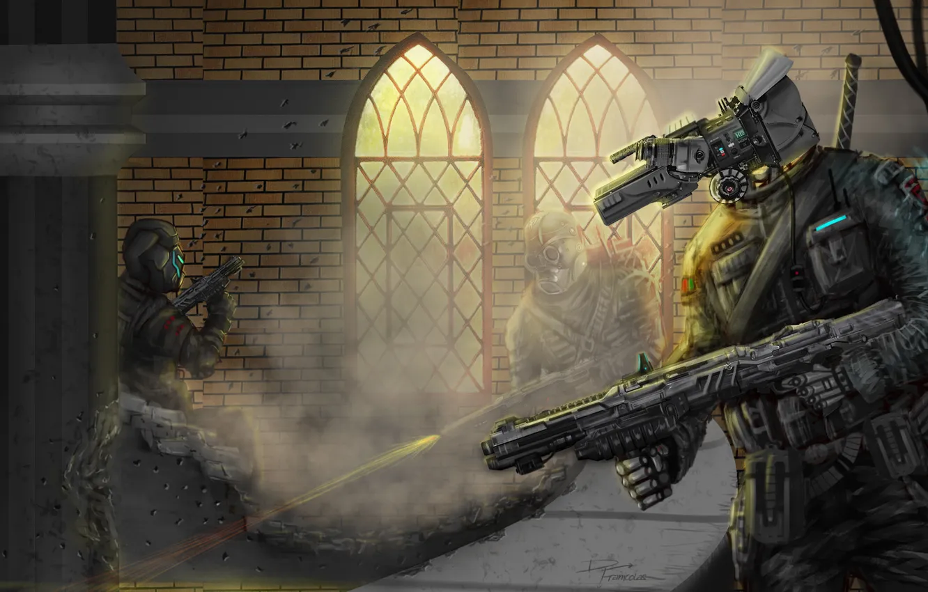 Photo wallpaper weapons, robot, shot, art, soldiers, columns